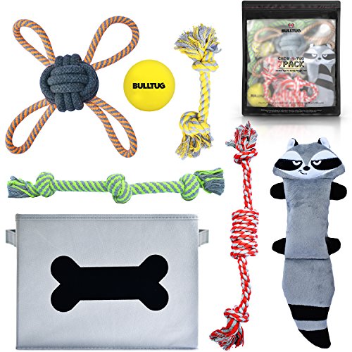 Dog Toys 7-Pack (Gift Set). Dog Toy Box, Dog Chew Ropes