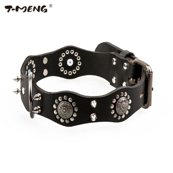 T-MENG Pet Dog Collar Genuine Leather Retro Style