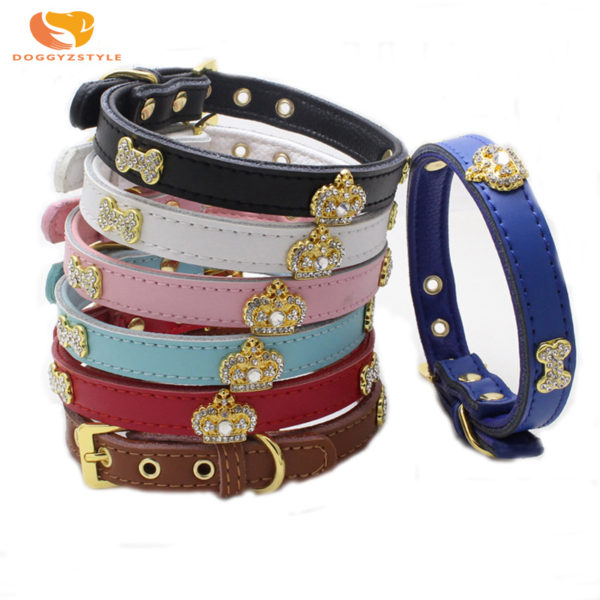 Leather Bling Rhinestones Crown Dog Collar