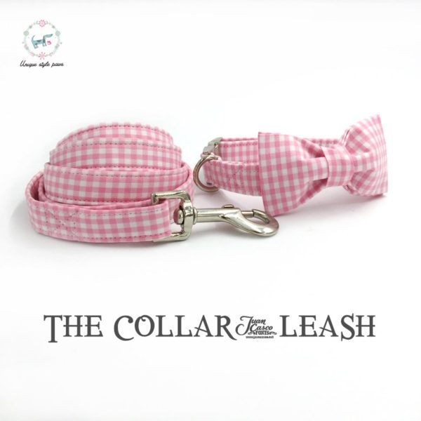 pink and white dog collar and leash set with bow tie