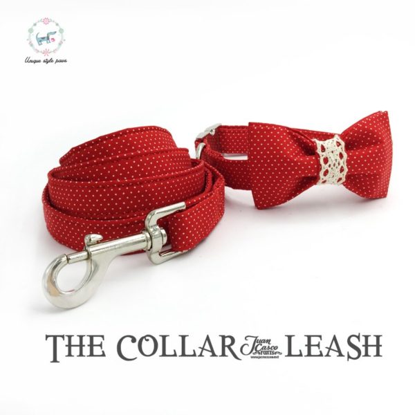 red dot dog collar and leash set with bow tie