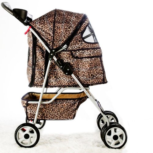 Leopard Skin 4 Wheels Pet Dog Cat Stroller w/RainCover