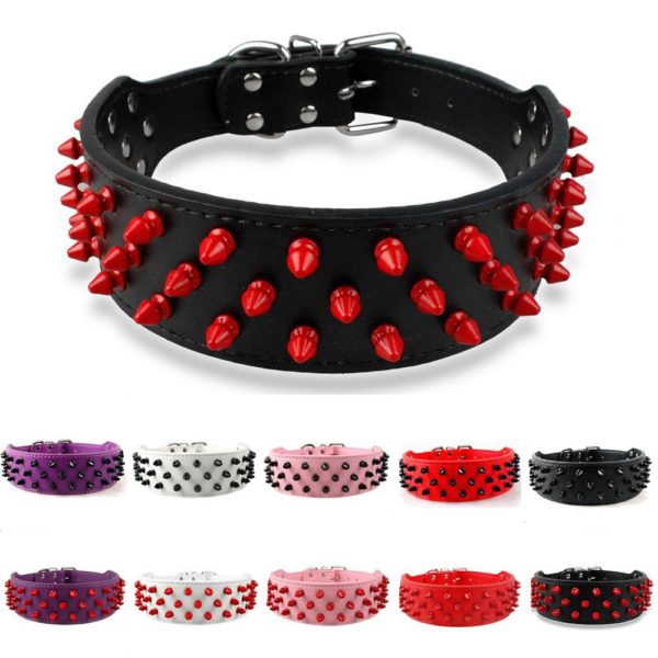 2 Inch Width Wide Spiked Studded PU Leather Dog Collars
