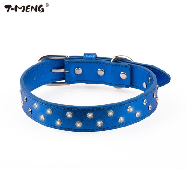 T-MENG 4 Colors Diamonds Dog Collar Soft Genuine Leather
