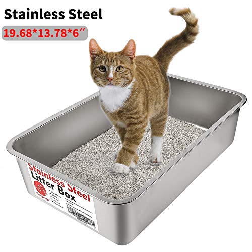 Large Size with Extra High Sides and Non Slip Rubber Feet Non Stick Smooth Surface Easy to Clean Never Bend Yangbaga Stainless Steel Litter Box for Cat and Rabbit Odor Control