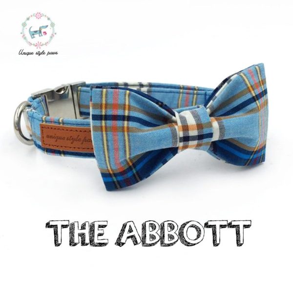 blue plaid dog collar with bow tie