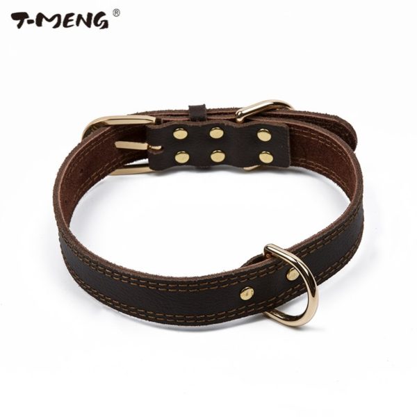 T-MENG Classic Style Dog Collar Genuine Cow Leather
