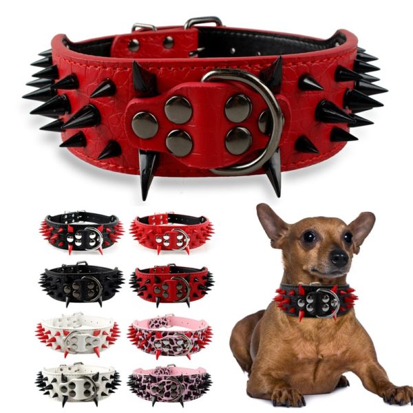 Black/Red Spiked & Studded Soft Leather Pet Dog Collar