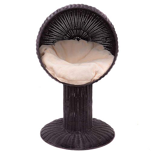 Tangkula 33" Cat Bed Home Ball Hooded Rattan Wicker Elevated Cat