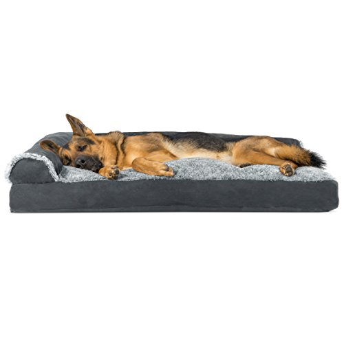 FurHaven Pet Dog Bed | Faux Fur & Suede L-Shaped Chaise Lounge Pillow