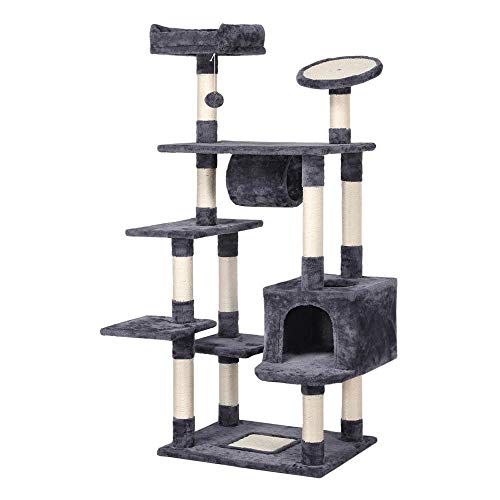 Yaheetech 62inch Cat Tree Condo with Scratching Post Plush Perch and Tunnel