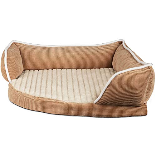 Paws & Pals Dog Bed for Pets & Cats - Triangle Corner Lounger with Self Warming Cozy Inner Cushion for Home Crate & Travel - Corduroy, Beige