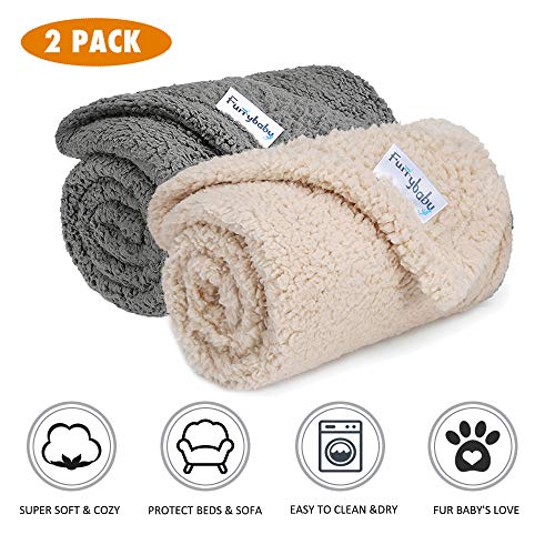 Furrybaby Premium Fluffy Fleece Dog Blanket, Soft and Warm Pet Throw for Dogs & Cats (2-Pack Small 24x32'', Grey&Beige)