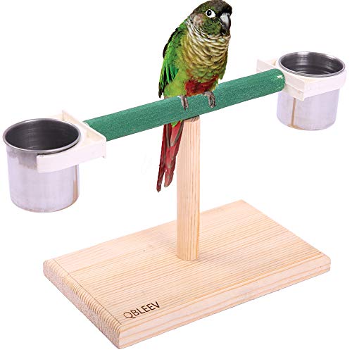 QBLEEV Bird Play Stands with Feeder Cups Dishes, Tabletop T Parrot Perch