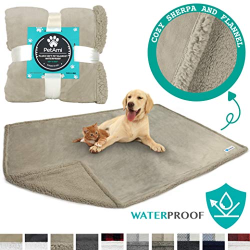 PetAmi Waterproof Dog Blanket for Bed, Couch, Sofa | Waterproof Dog Bed Cover for Large Dogs, Puppies | Sherpa Fleece Pet Blanket Furniture Protector | Reversible Microfiber | 80 x 55 (Taupe/Taupe)
