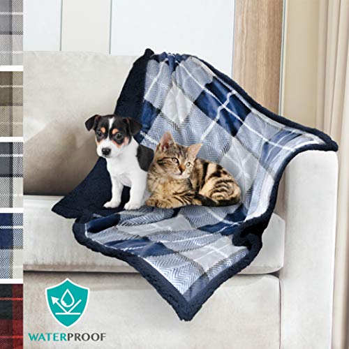 PetAmi Waterproof Dog Blanket for Medium Dogs, Puppies, Small Cats | Soft Sherpa Fleece Pet Blanket Throw for Sofa, Couch | Thick Durable Pet Bed Cover Floor Mat 30 x 40 inches (Plaid Navy)