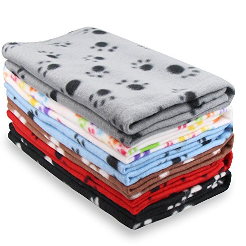 EAGMAK Cute Dog Cat Fleece Blankets with Pet Paw Prints for Kitten Puppy and Small Animals Pack of 6 (Black, Brown, Blue, Grey, red and White)