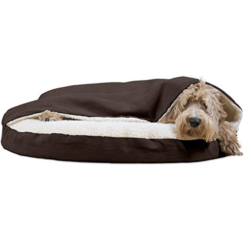Furhaven Pet Dog Bed | Orthopedic Round Cuddle Nest Faux Sheepskin Snuggery Blanket Burrow Pet Bed w/ Removable Cover for Dogs & Cats, Espresso, 35-Inch