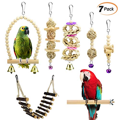 KATUMO 7 pcs Bird Parrot Toys, Natural Wood Bird Swing Climbing