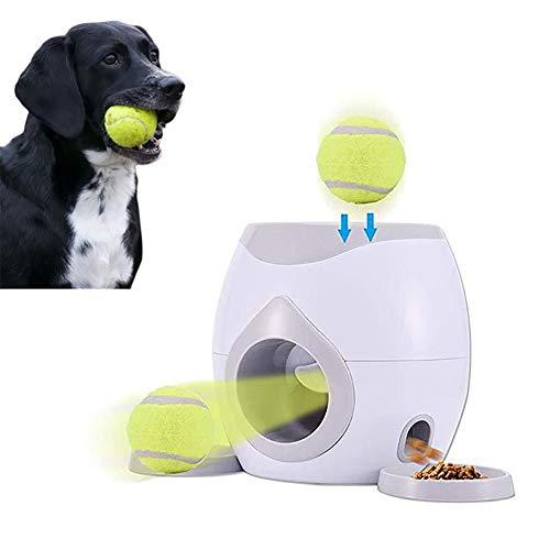 Escolourful Pet Dog Interactive Tennis Ball Automatic Throwing Fetch Machine and Food Dispenser, Dog Reward Game Toy Slow Feeder Puzzle