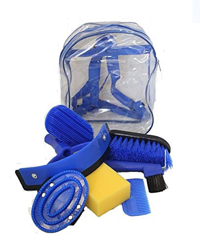 AJ Tack Wholesale Horse Grooming Kit 8 Piece Set for Children Brushes Sweat Scraper Rubber Massage Curry Mane and Tail Comb Hoof Pick Sponge Clear Back Pack Blue
