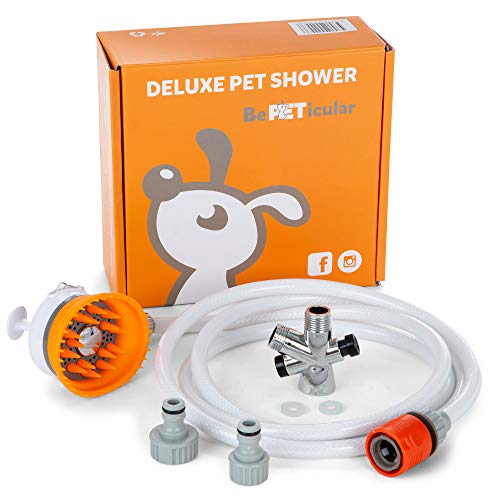 Pet Shower Sprayer Kit, Head Attachment and Hose, 8' - Dog Bath and Shower Tool For Inside and Outside - Bathing Supplies For Cleaning and Grooming Dogs - With Brush and Splash Shield