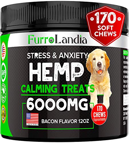 FurroLandia Hemp Calming Treats for Dogs - 170 Soft Chews - Made in USA - Hemp Oil for Dogs - Dog Anxiety Relief - Natural Calming Aid - Stress - Fireworks - Storms - Aggressive Behavior