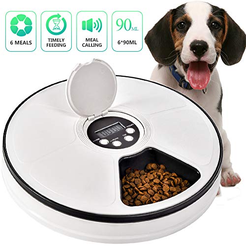 Pet Automatic Feeder Cats Dogs, Timed Feed 6 Meal Trays Dry Wet Food
