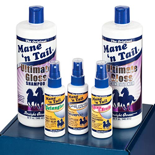 Mane 'n Tail Ultimate Gloss Winning Finish Grooming Kit5pc Includes Full Size 32 oz Ultimate Gloss Shampoo and Conditioner Made with Coconut Oil .Detangler Spray 4oz Spray 'n White 4oz Spray'n Braid