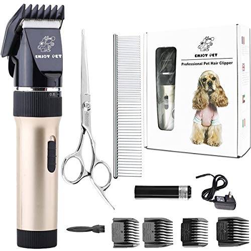 ENJOY PET Dog Clippers Cat Shaver, Professional Hair Grooming Clippers Detachable Blades Cordless Rechargeable with Scissor, Guards, Combs for Dog Cat Small Animal, Quiet Animal Horse Clippers (Gold)