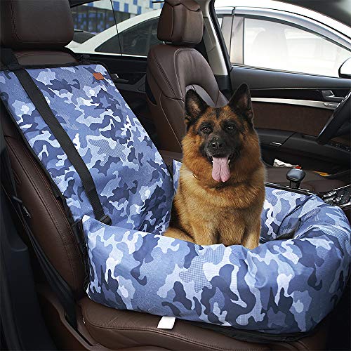 Dog Car Booster Front Seat Carrier with Removable Cover&Safety Leash for Small and Medium Pets Cat Up to 30 Lbs-Camouflage Blue