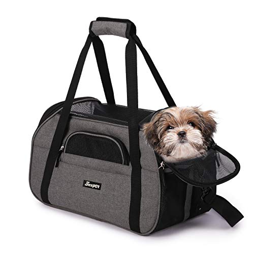 JESPET Soft Pet Carrier for Small Dogs, Cats, Puppy, Airline Approved Pet Carrier for Airline, Train, Car Travel, Grey, 17" x 9" x 11.5"