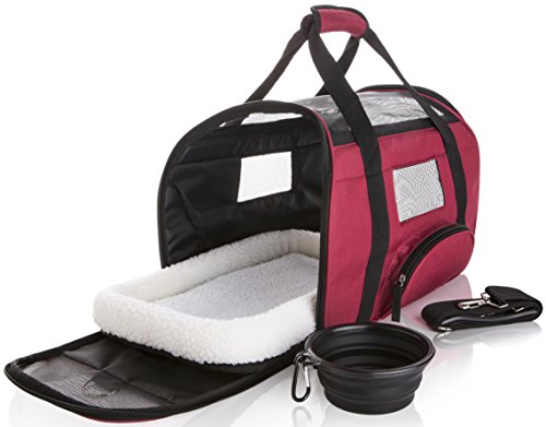 SunShack Soft Sided Pet Carrier - Onboard Airline Approved Under Seat Travel Tote Bag for Cats and Small Dogs. Includes a Removable Cushioned Fleece Pad and Collapsible Silicon Bowl. Small, Maroon