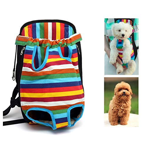 LL dawn Pet Backpack Carrier for Dogs Portable Adjustable Legs Out Front Bag Traveling Hiking Camping Supplies Colorful Strips,L