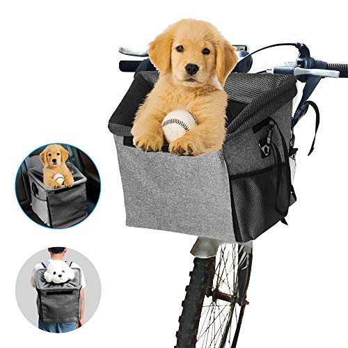 Arkmiido Bicycle Pet Carrier Basket Bag Dog Bike Front Carrier Portable Breathable Dog Carrier for Cats Puppy Dogs with Soft Mat Mesh Pockets Shoulder Strap for Travelling Outdoors