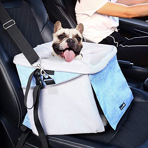 Pecute Dog Car Seat Pet Dog Booster Seat with Safety Leash and 2 Big Side Pockets, Comfy & Padded Shoulder Strap, Portable Breathable Dog Bike Basket Pet Carrier, Travel with Your Pet