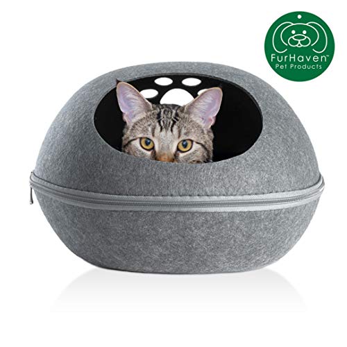 Furhaven Pet Cat Bed Furniture | Paw Print Cutout Felt Pet House
