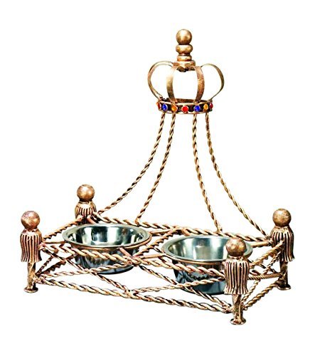 Luxury Iron GOLD CROWN Dog Cat Pet FEEDER Dish Bowl Jeweled