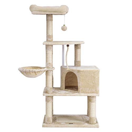 FEANDREA Cat Tree with Scratching Board, Basket Lounger and Large Cave