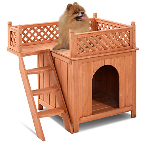 Giantex Pet Dog House, Wooden Dog Room Shelter with Stairs, Raised Roof