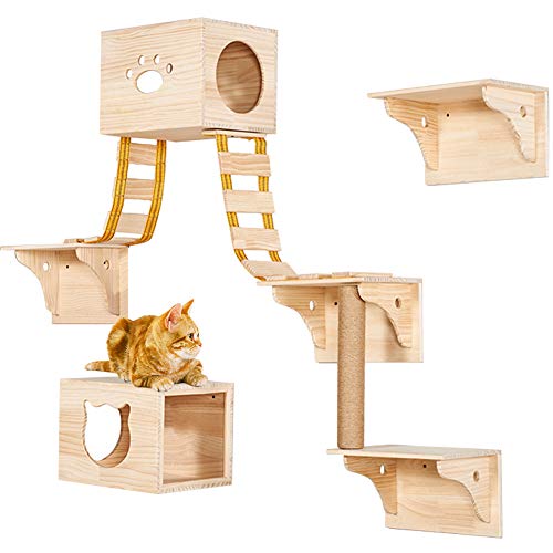 TINTON LIFE 9pcs Wall Wood Cat Climber Set - 2 Cat Condos Houses & 4 Cat