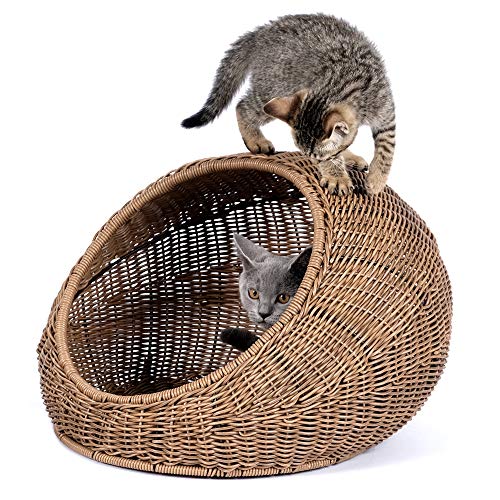 D+GARDEN Wicker Cat Bed Dome for Medium Indoor Cats - a Covered Cat