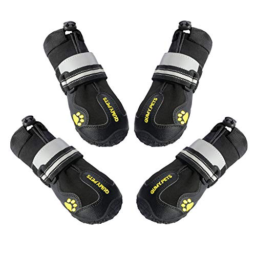 QUMY Dog Boots Waterproof Shoes for Large Dogs with Reflective Velcro Rugged Anti-Slip Sole Black 4PCS