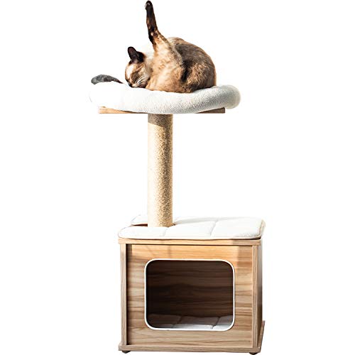 Catry 30" Wooden Cat Tree Tower with Natural Sisal Rope Covered Scratch Post