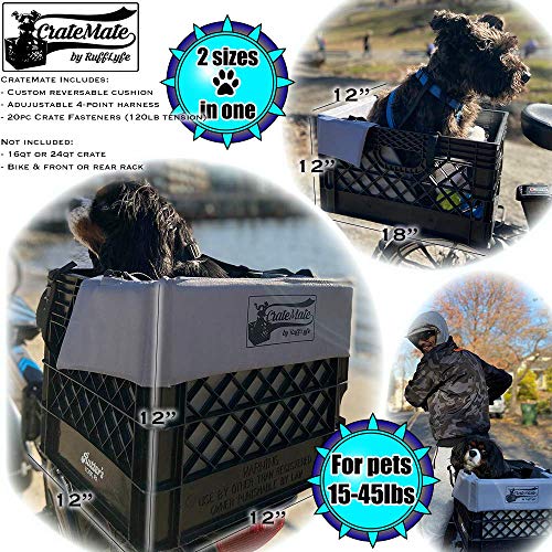 RuffLyfe CrateMate Bike Dog Basket Crate Retrofit Carrier Holds Pets Upto 45lbs Pkg Includes: a Custom Soft Waterproof 4-Sided Seat Cushion, a 4-Point Safety Harness & Crate Fasteners (Light Grey)