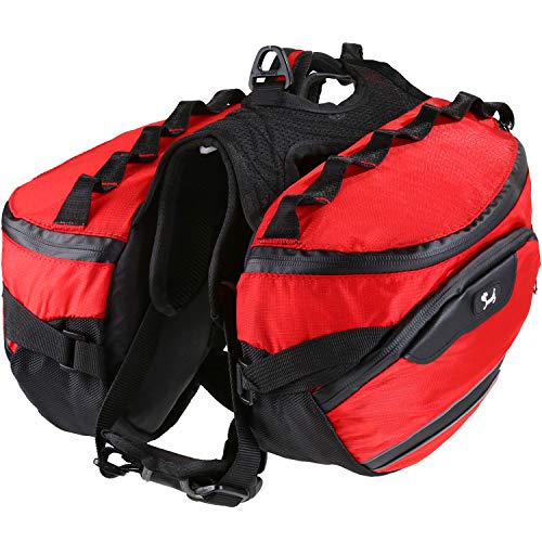 Pettom Dog Backpack Saddle Bag Adjustable Pack Reflective Rucksack Carrier for Traveling Walking Camping Hiking (L, Red)