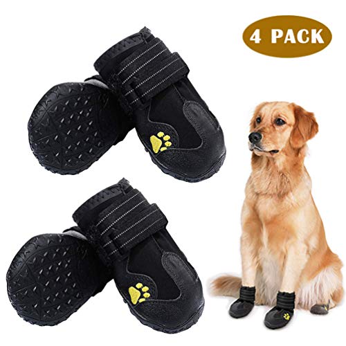 PK.ZTopia Waterproof Dog Boots, Dog Outdoor Shoes, Dog Rain Boots, Running Shoes for Medium to Large Dogs with Two Reflective Fastening Straps and Rugged Anti-Slip Sole (3.15" x 2.76",Black 4PCS)