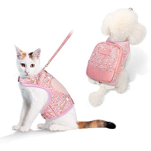 PetsHome Dog Harness, Cat Harness & Leash Set with Backpack - Escape Proof Adjustable Pet Harness for Outdoor Walking for Small Dog and Cat Medium Pink