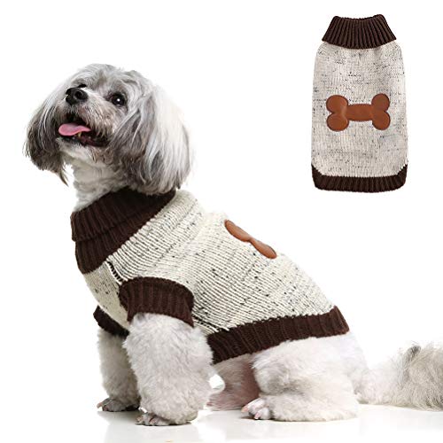 BINGPET Turtleneck Dog Sweater Brown Bone Pattern, Puppy Winter Warm Cloth