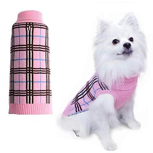 Dog Sweater Plaid Winter Clothes for Dogs Puppy Boys Girls Pink Medium